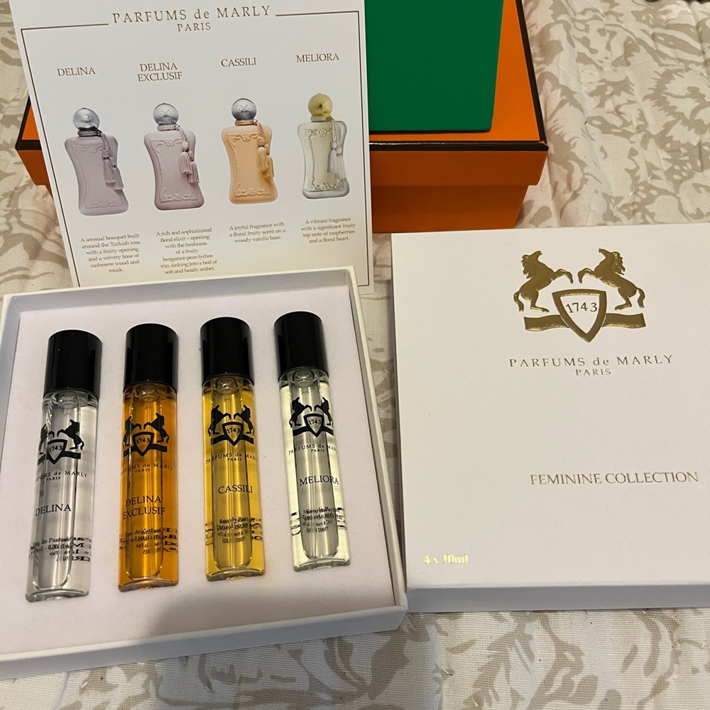 Perfume de Marly - 4 x 10 ml bottles.  Delina, Delina Exclusif, Cassini, Meliora